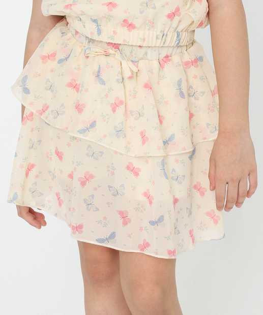 Saia Infantil Chiffon Estampa Borboletas Tam 4 a 10 Bege