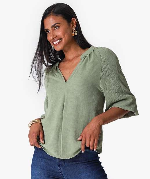 Image_Blusa Feminina Manga 7/8 Textura Marisa Verde