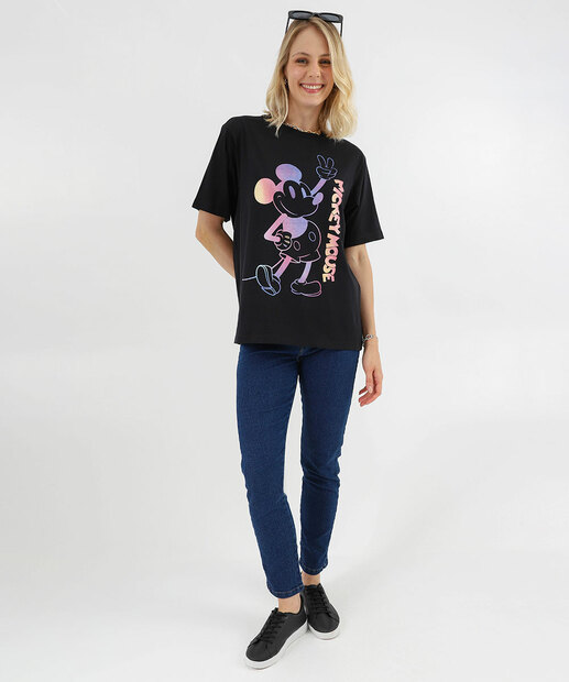 Camiseta Feminina Oversized Mickey Manga Curta Disney Preto