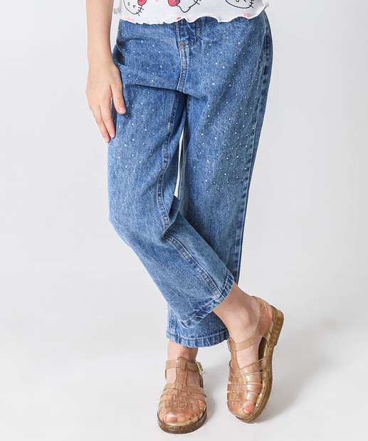 Calça Jeans Mom Strass Infantil Tam 4 a 10 Azul