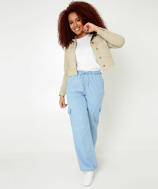 Calça Jeans Wide Leg Pantalona Feminina Cargo