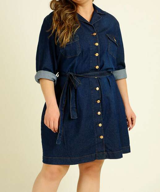 Vestido Plus Size Feminino Jeans Chemise Manga Longa