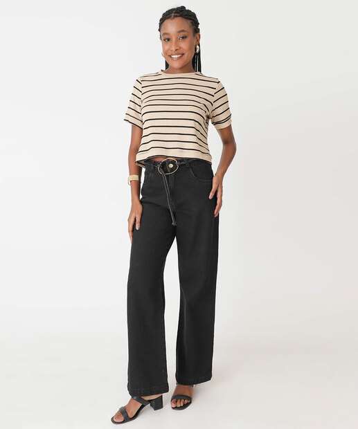 Calça Jeans Wide Leg Cinto Feminina Marisa Preto