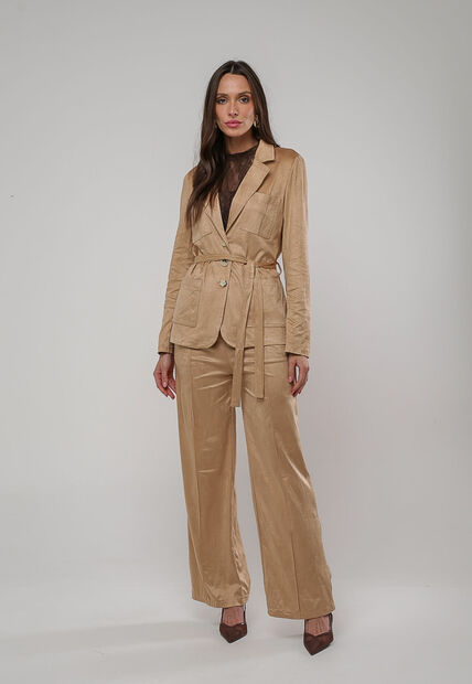 Calça Suede Wide Leg Com Recorte Bege Salvatore