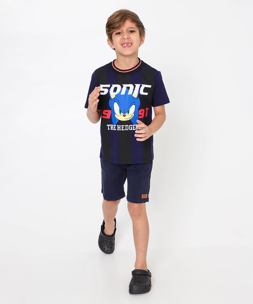 Camiseta Infantil Estampa Listrada Sonic Tam 4 a 10 Azul