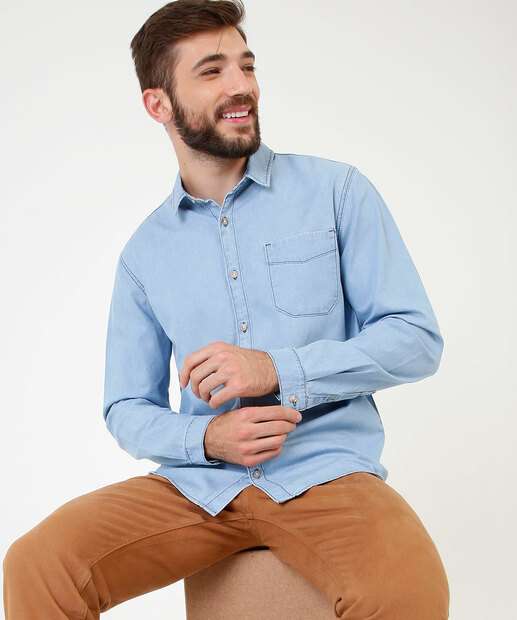 Camisa Masculina Jeans Bolso Manga Longa MR