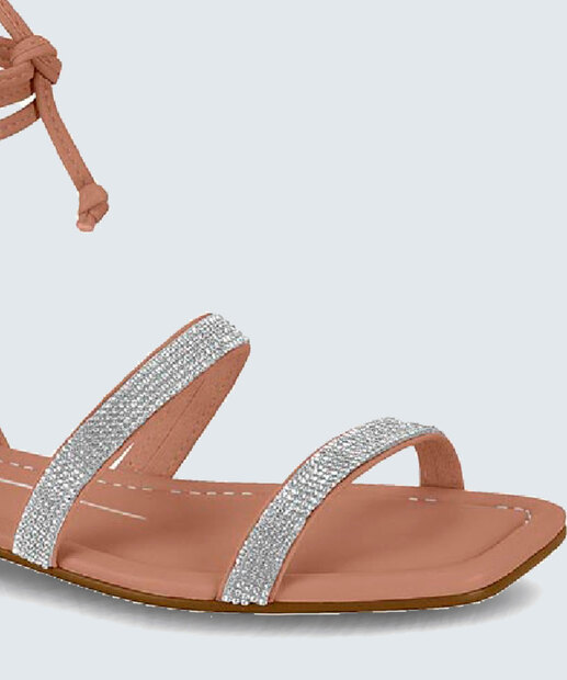 Sandália Feminina Rasteira Strass Amarração Moleca 