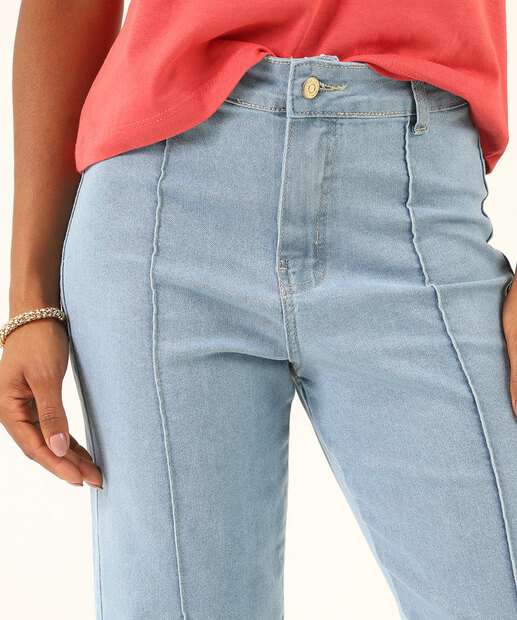Calça Jeans Reta Feminina Bolsos Azul