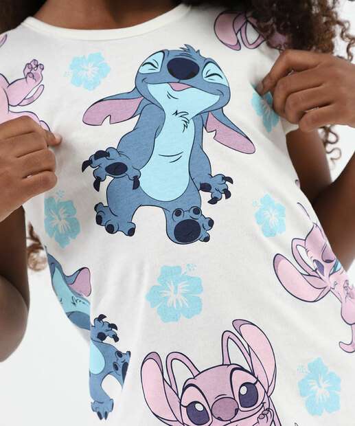 Camiseta Infantil Stitch e Angel Tam 4 a 10 Off White
