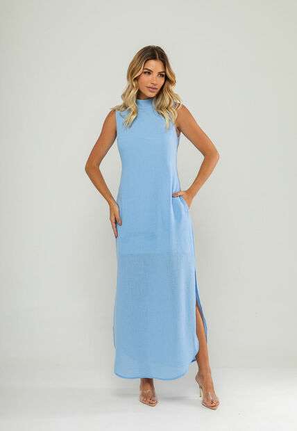 Vestido Longo Gola Alta E Fenda Lateral Azul Salvatore