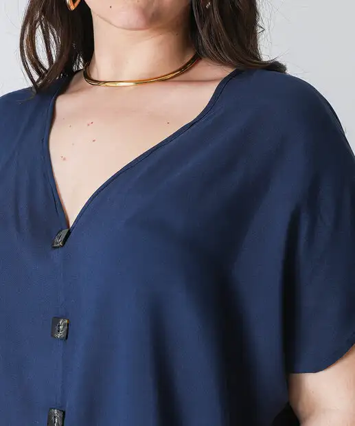 Blusa Plus Size Feminina Viscose Botões Marisa Azul