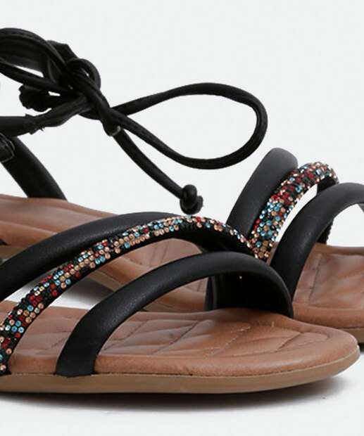 Sandália Feminina Rasteira Strass Amarração Mississipi