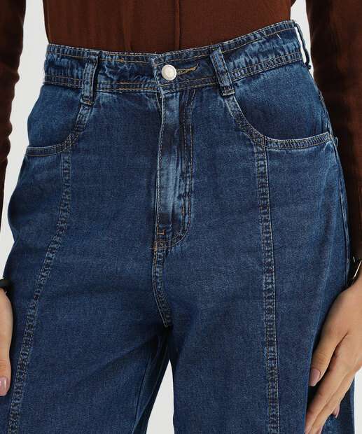 Calça Jeans Wide Leg Bolsos Feminina Azul