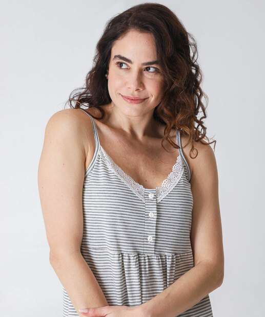 Camisola Gestante Listrada Recorte Renda Marisa Cinza