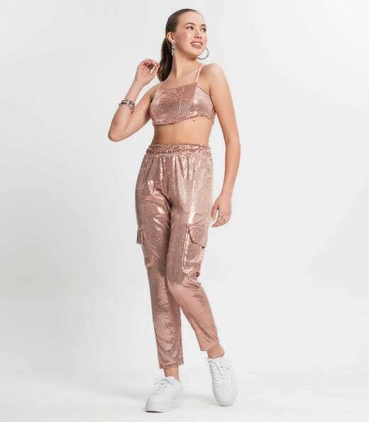 Calça Reta Juvenil Em Paetê Minty Unica