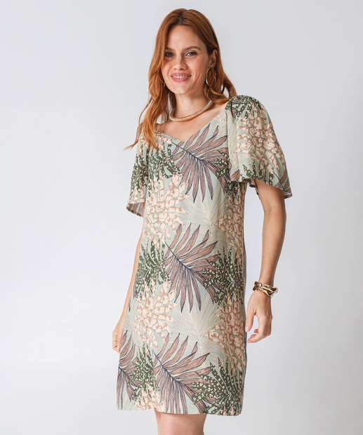 Vestido Feminino Estampa Folhas Manga Curta Marisa Verde