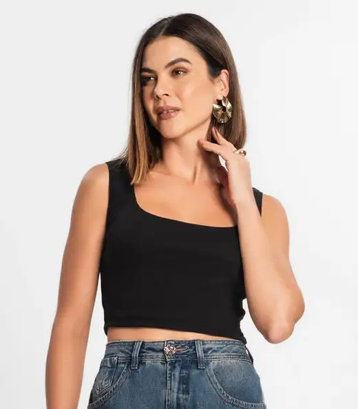 Top Cropped Ribana Básico Rovitex Preto
