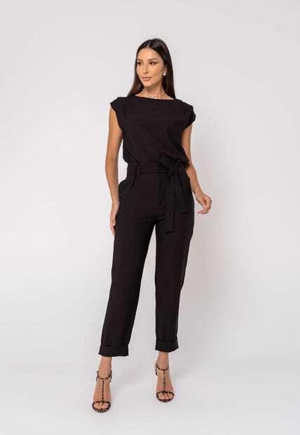 Calça de Alfaiataria com Pregas e Barra com Dobra Preta Salvatore