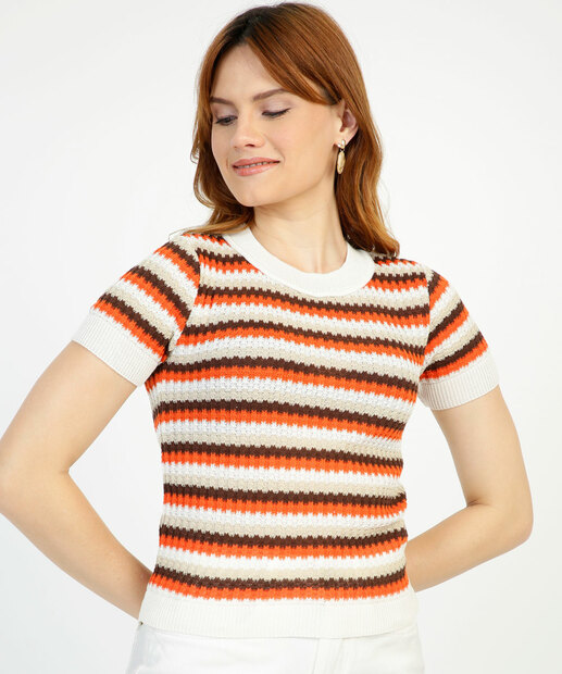 Blusa Feminina Tricô Listrada Manga Curta Marisa 