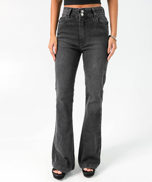 Calça Jeans Flare Feminina Strass Cintura Alta Preto
