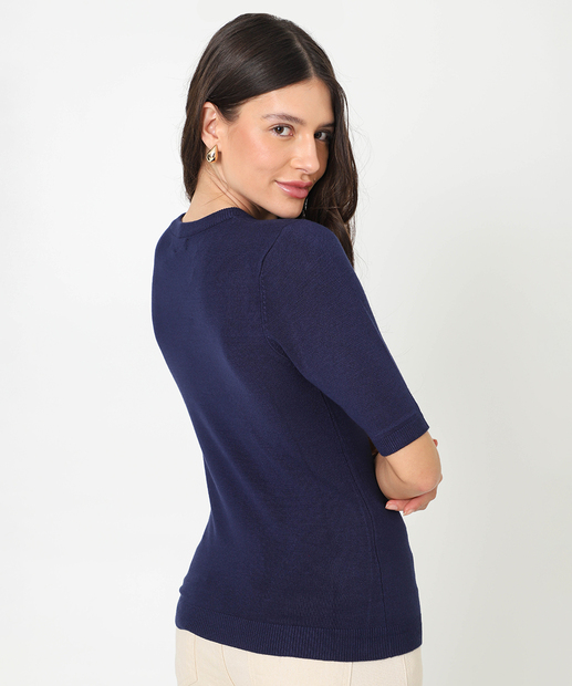 Blusa Feminina Tricô Manga Curta Marisa Azul