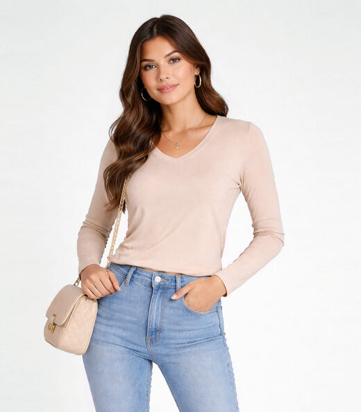 Image_Blusa Manga Longa Decote V Básica Select Marrom