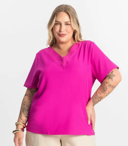 Blusa Manga Curta Plus Size Secret Glam Rosa