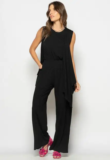 Conjunto Com Kimono, Regata e Wide Leg Malha Preto Salvatore