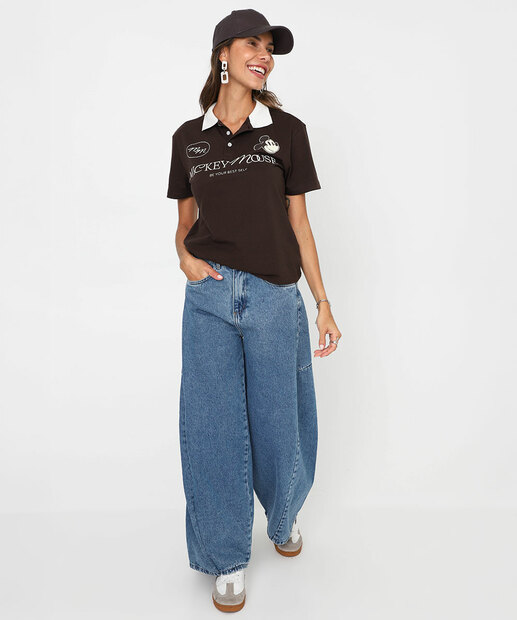 Blusa Feminino Polo Mickey Manga Curta Disney Marrom