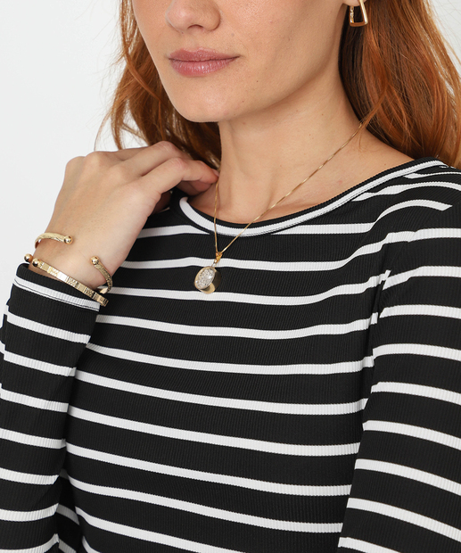 Blusa Feminina Canelada Listrada Manga Longa Marisa Preto