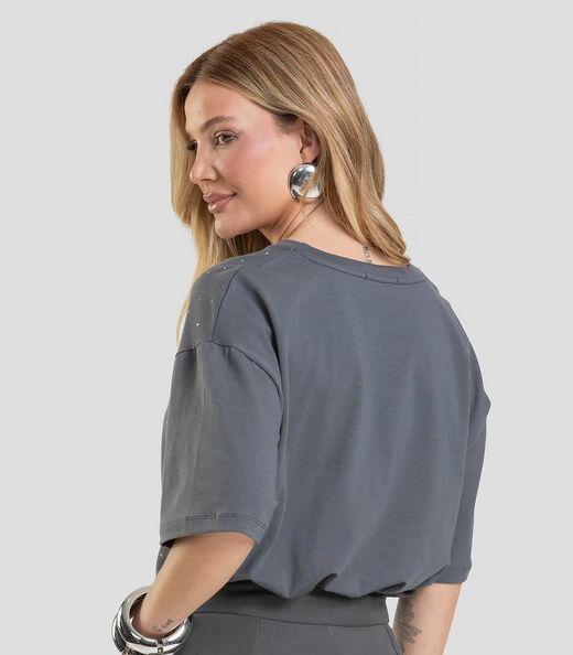 T- Shirt Box Feminina com Strass Dianna Cinza