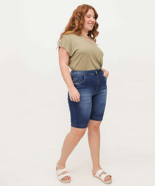 Bermuda Plus Size Feminina Jeans Ciclista Bolsos
