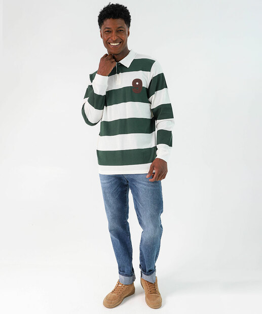 Polo Masculina Moletinho Listrada Manga Longa MR Verde