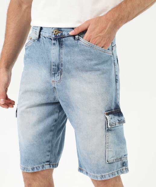 Bermuda Masculina Jeans Bolsos Cargo Azul