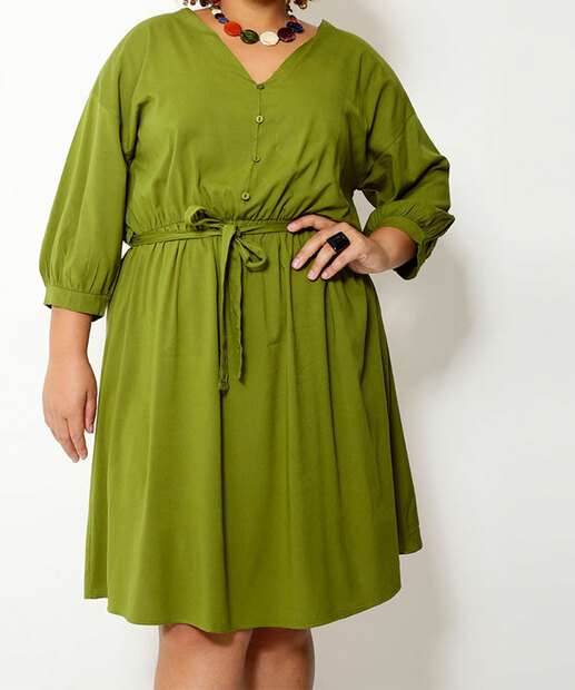 Vestido Plus Size Feminino Botões Manga 7/8
