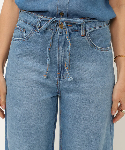 Calça Feminina Wide Leg Jeans Amarração Azul