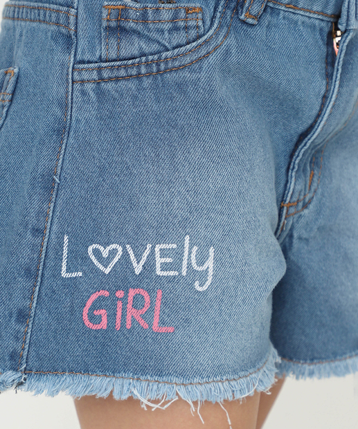 Short Infantil Jeans Frase Barra Desfiado Tam 4 a 10 Azul