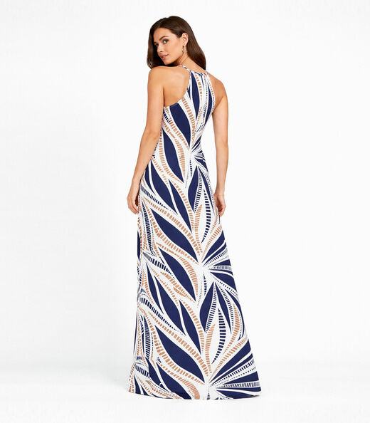 Vestido Longo Estampado Sem Manga Infinita Cor Bege
