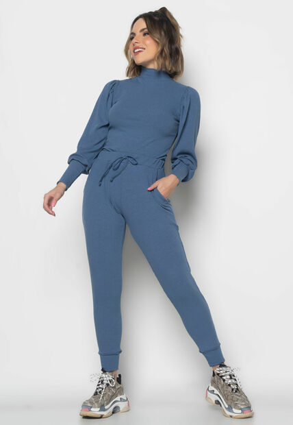 Conjunto Comfy Com Blusa Princesa M/L e Jogger Canelado Azul Jeans Salvatore