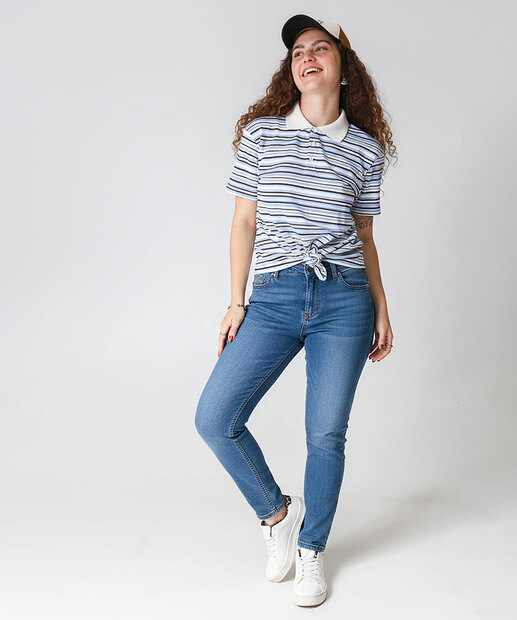 Blusa Polo Feminino Listrado Manga Curta Marisa Off White