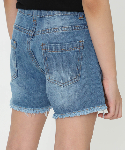 Short Infantil Jeans Frase Barra Desfiado Tam 4 a 10 Azul
