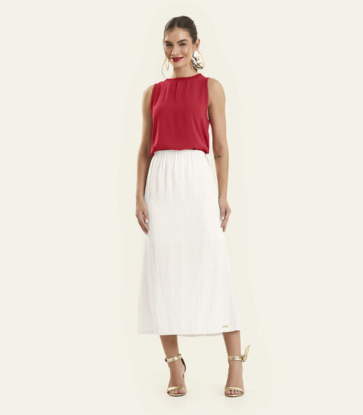 Saia Midi Feminina Listrado Lurex Rovitex Bege