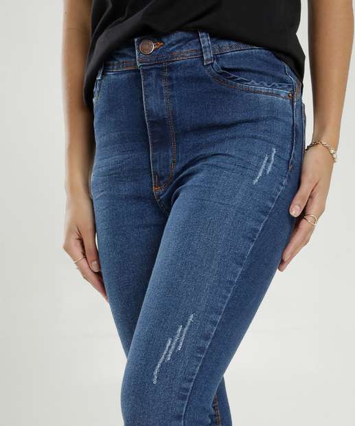Calça Jeans Puídos Cigarrete Feminina Bolsos