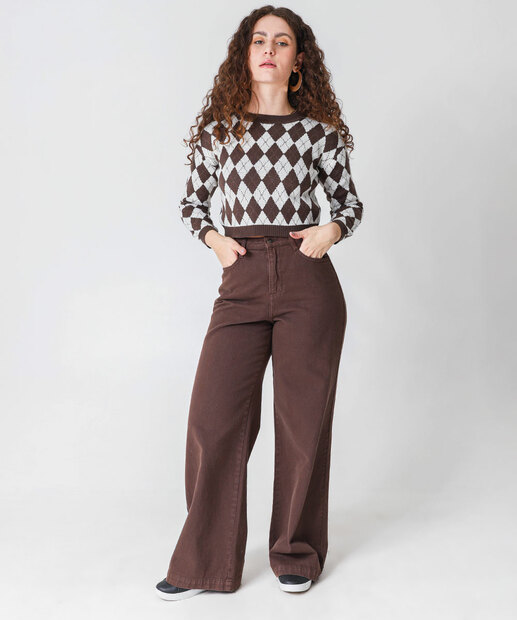 Suéter Feminino Cropped Quadriculado Marisa Marrom