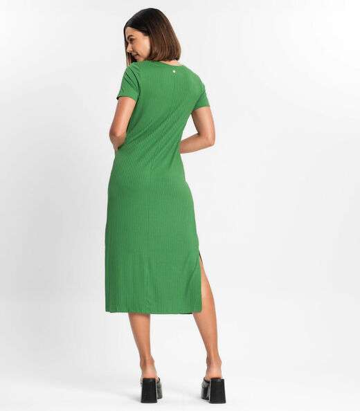 Vestido Midi Ribana Canelada Básico Rovitex Verde