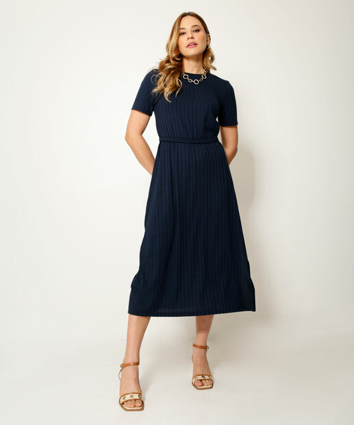 Vestido Midi Feminino Canelado Manga Curta Marisa