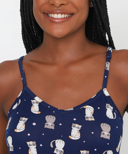 Camisola Estampa Gatos Alças Finas Marisa Azul