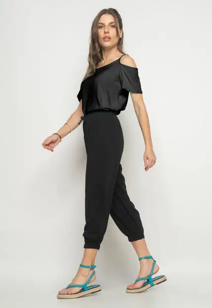 Regata Ombro Vazado Viscolinho Preto Salvatore Fashion