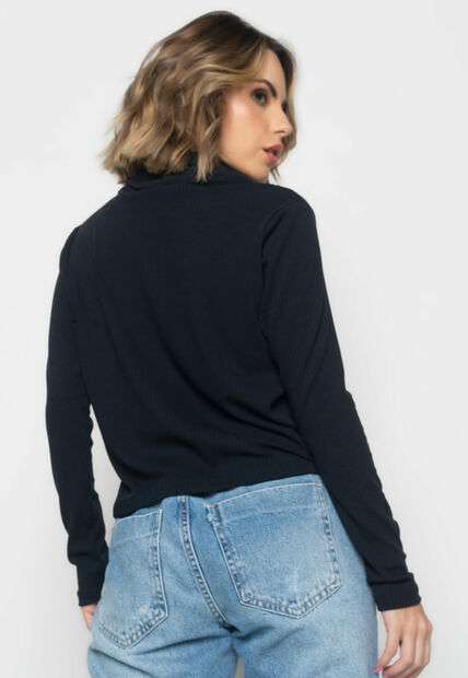 Blusa Golão Manga Longa Canelada  Fashion Preto