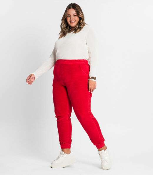 Calça Feminina Plus Size Em Plush Secret Glam Vermelho